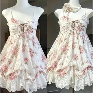 2000s Gothic Vintage Mini Dress Women Sleeveless Strap Party Dress Evening Lace Retro Cltohing Japanese Y2k Black Chic Lolita