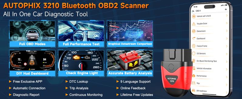 AUTOPHIX 3210 Bluetooth OBD2 Scanner, Wireless Check Engine Code Reader, Automotive Scan Tool Diagnostic Scanner with Battery Performance Test, Exclusive APP for iOS, iPad & Android
