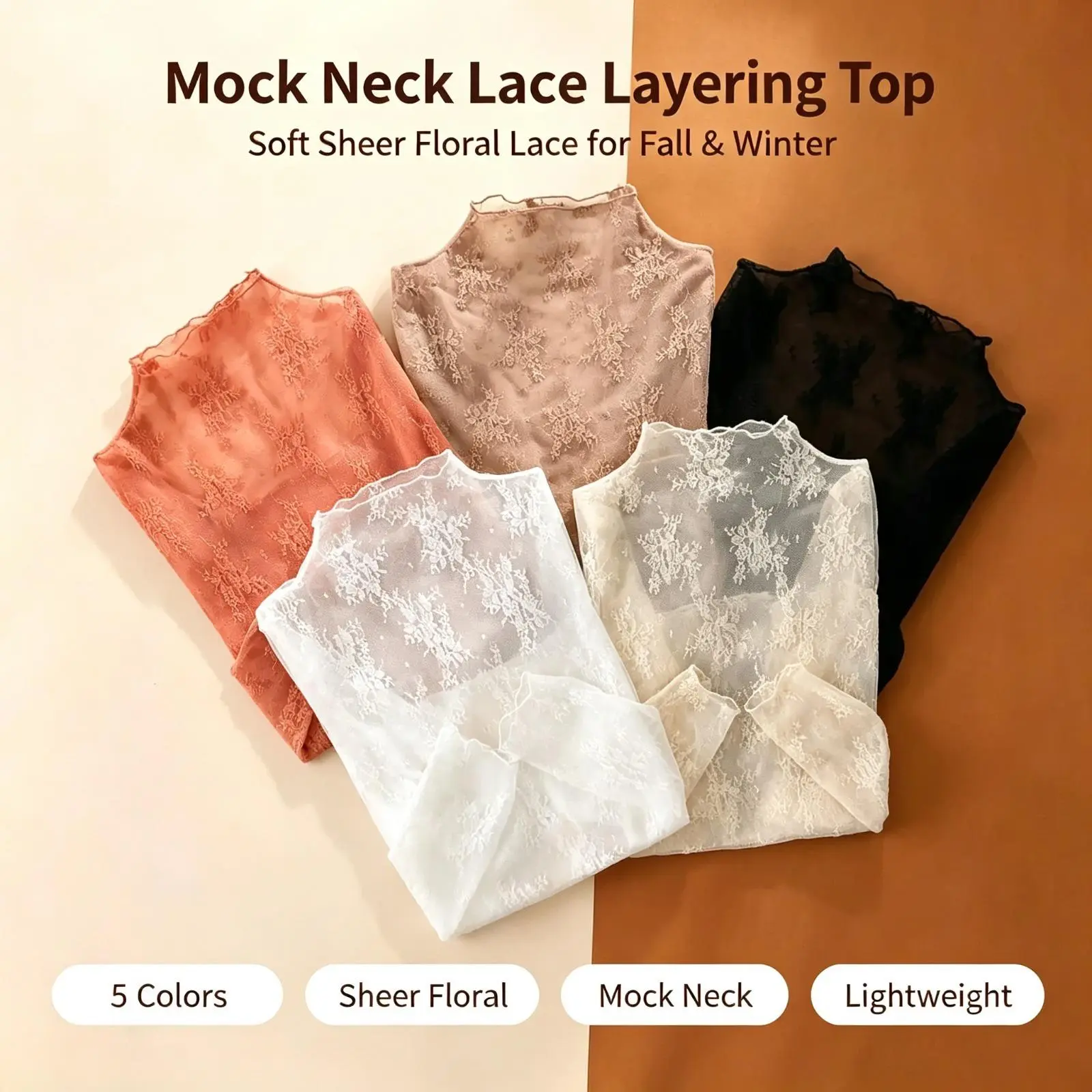 Women's 5-Piece Mesh Lace Long Sleeve Layering Top Set, Elegant Sexy Tight-Fit Innerwear, Soft Breathable Stretchy Lightweight Fabric, Sohochic US Designed Spring Autumn Base Layer for Daily Outfits, Sports & Outdoor Protective Wear