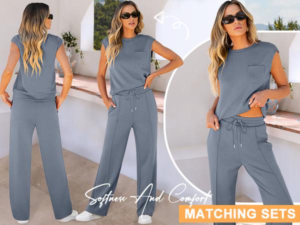ANRABESS Women's Summer 2 Piece Outfits Casual Sleeveless Sweatsuits Matching Wide Leg Tracksuits Lounge Sets Women Basic Vacation Outdoor Outfit Sets  Womenswear