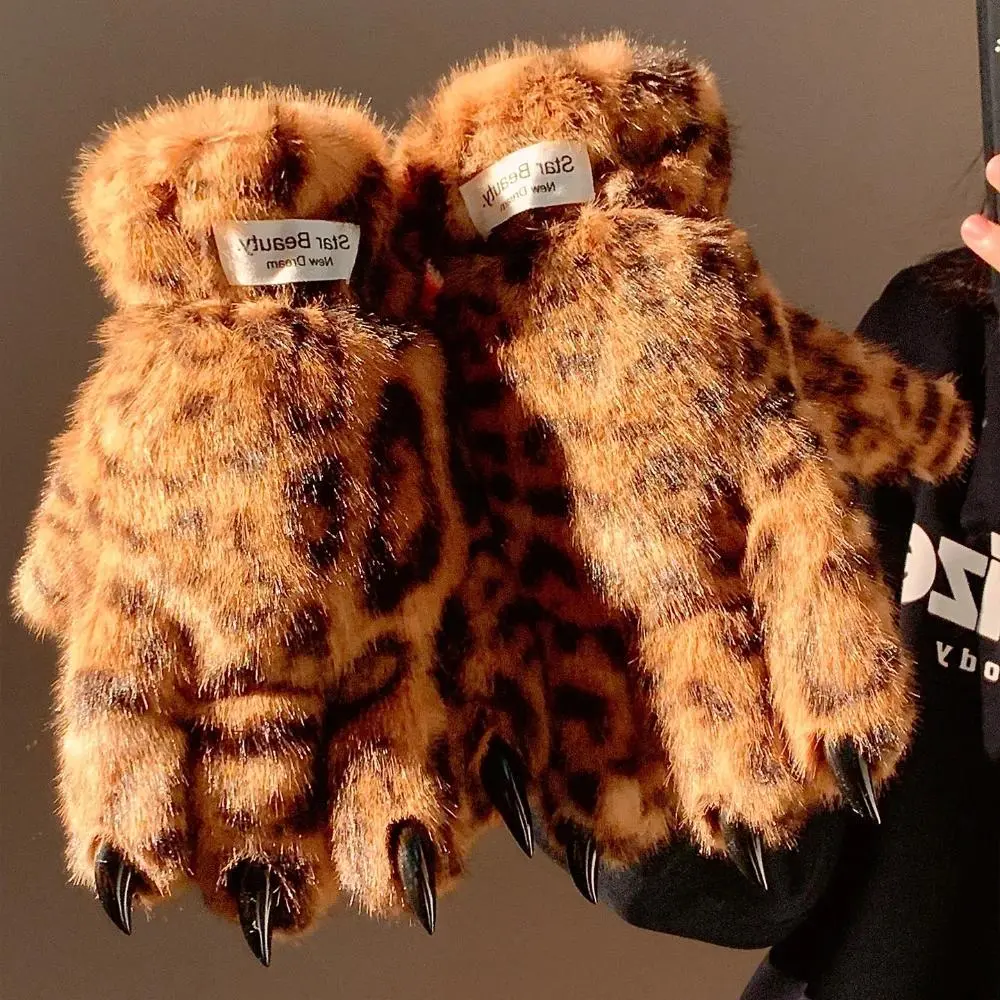 Winter Warm Leopard Paw Plush Five Finger Gloves Spicy Girl Trendy Cosplay Cool Props Riding Padded Thickened Cold Gloves
