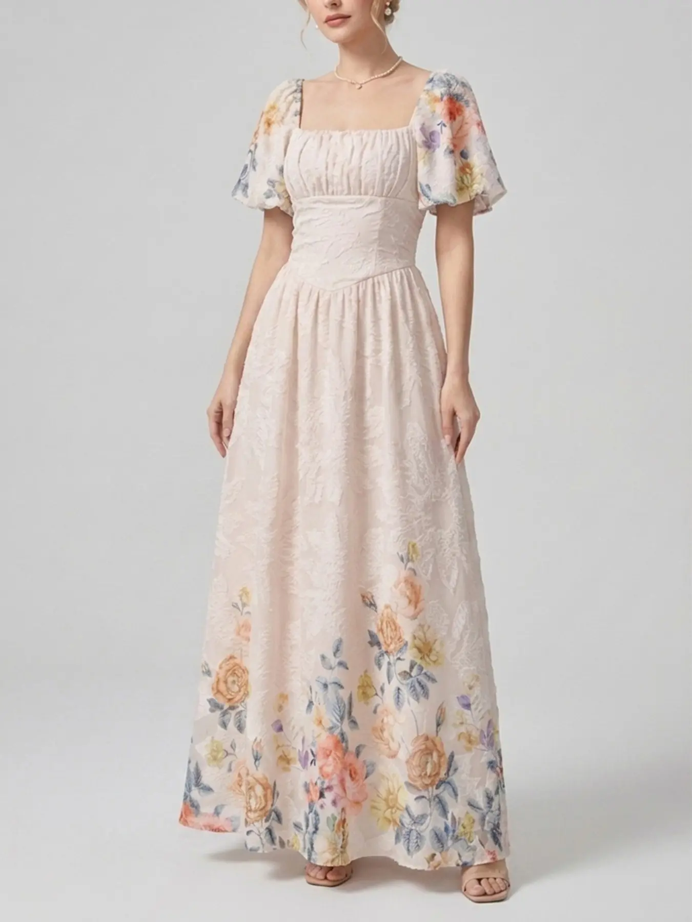 Light Floral Print Square Neck Bubble Sleeve A-Line Long Dress, Sweet Design for Daily Outing, Vacation, Casual Dates