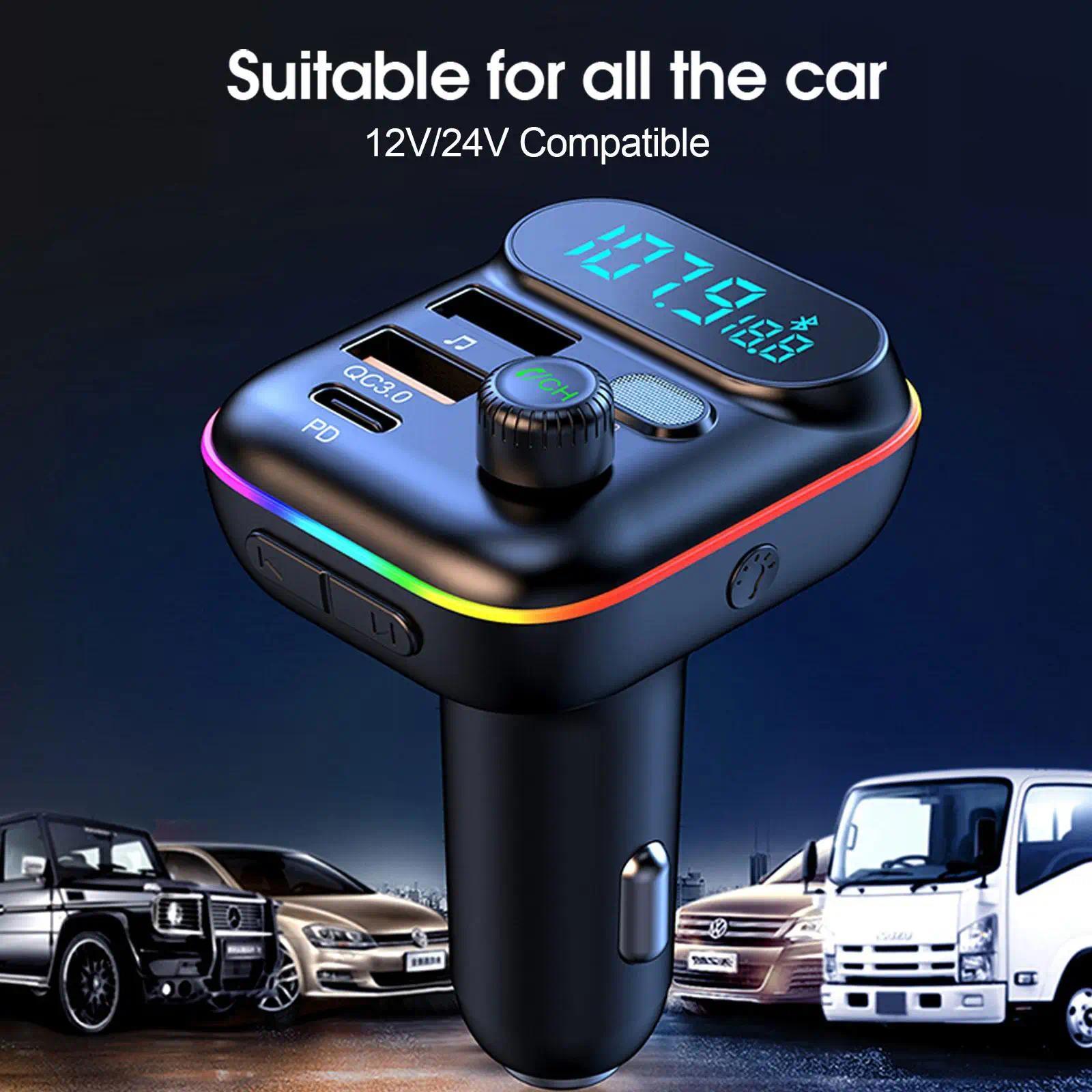 Bluetooth Car Adapter, In-Car FM Transmitter with Bluetooth 5.0, 18W PD Fast Charging, QC3.0, USB + PD Ports, Type-C, Colorful Ambient Light, Dual Music Player, Bluetooth Calling, Cigarette Lighter Accessory with Easy Setup