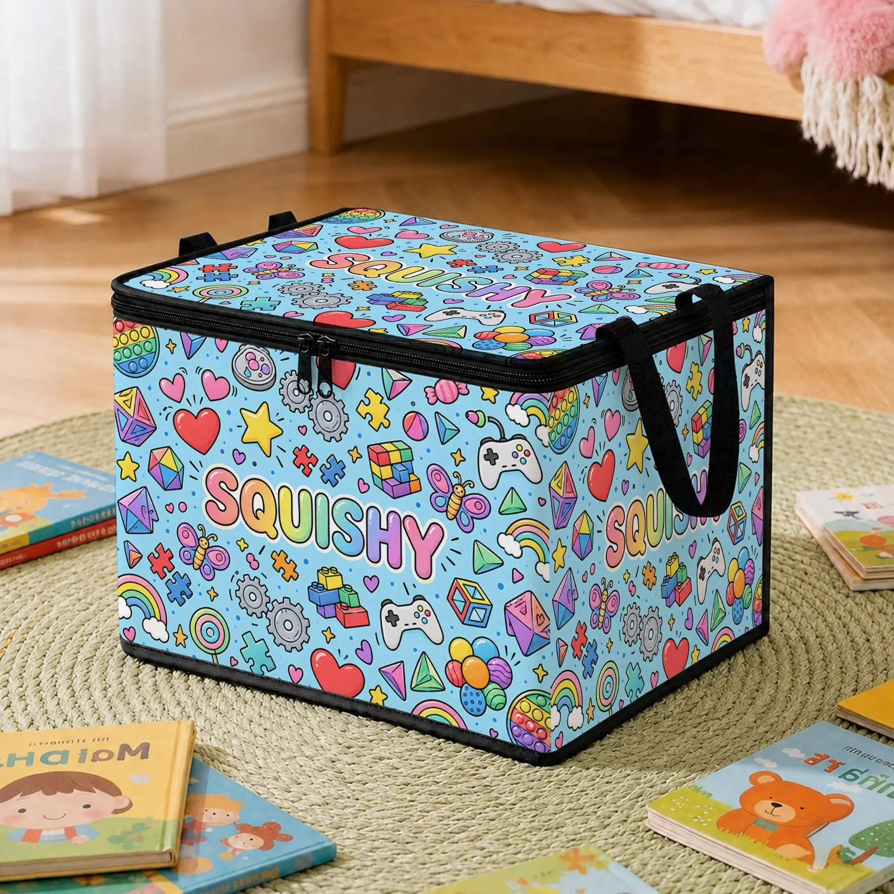 Squishy Fidget Toy Theme Storage Box, Soft Fabric Foldable Organizer Bin, Large Capacity Portable Container, Christmas Gift for Kids
