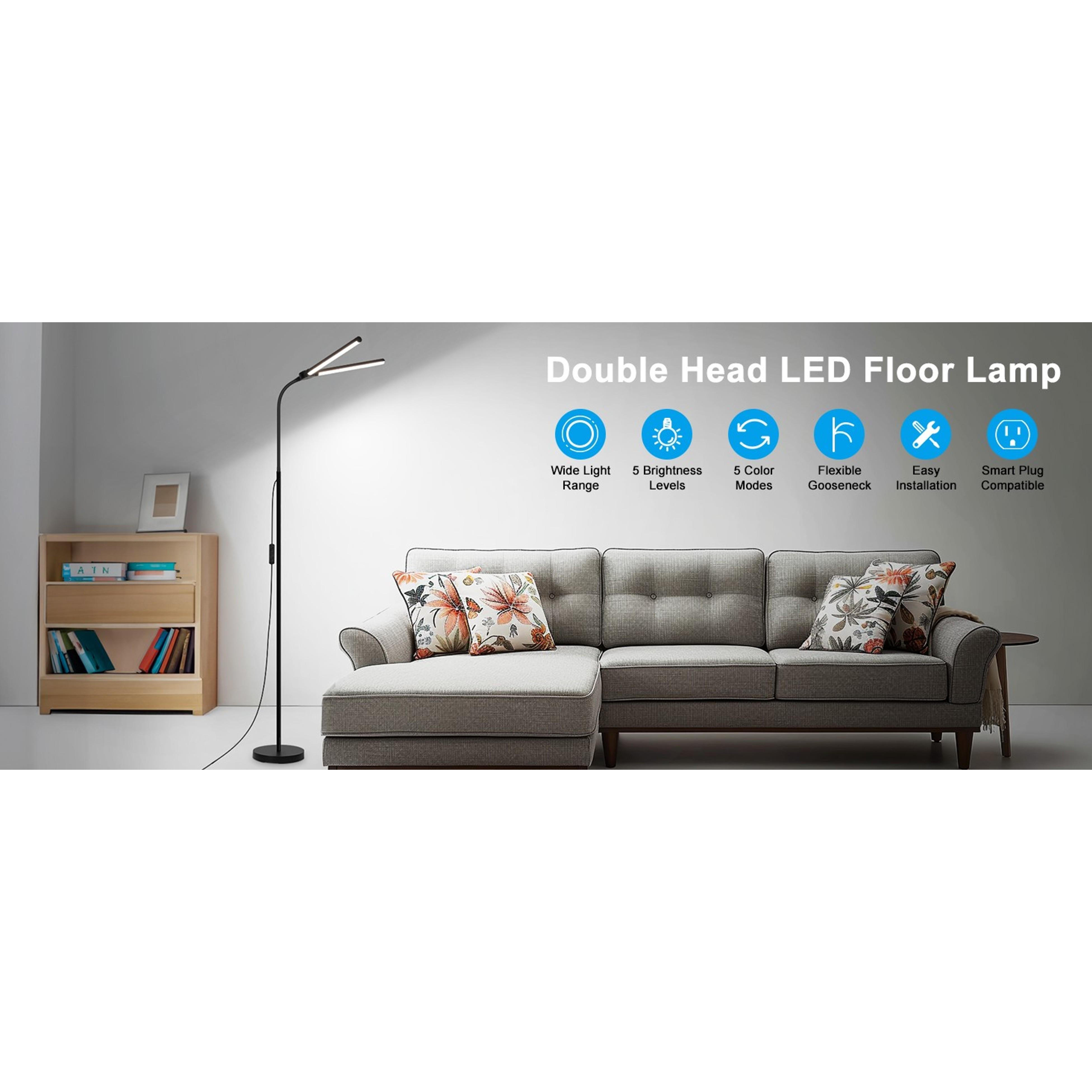 LED Floor Lamp, 18W/2000LM Bright Reading Floor Lamp for Office with Double Head, Adjustable Gooseneck Dimmable Modern Standing Light for Lash Extension Craft, Eye Caring Floor Lamps for Living Room