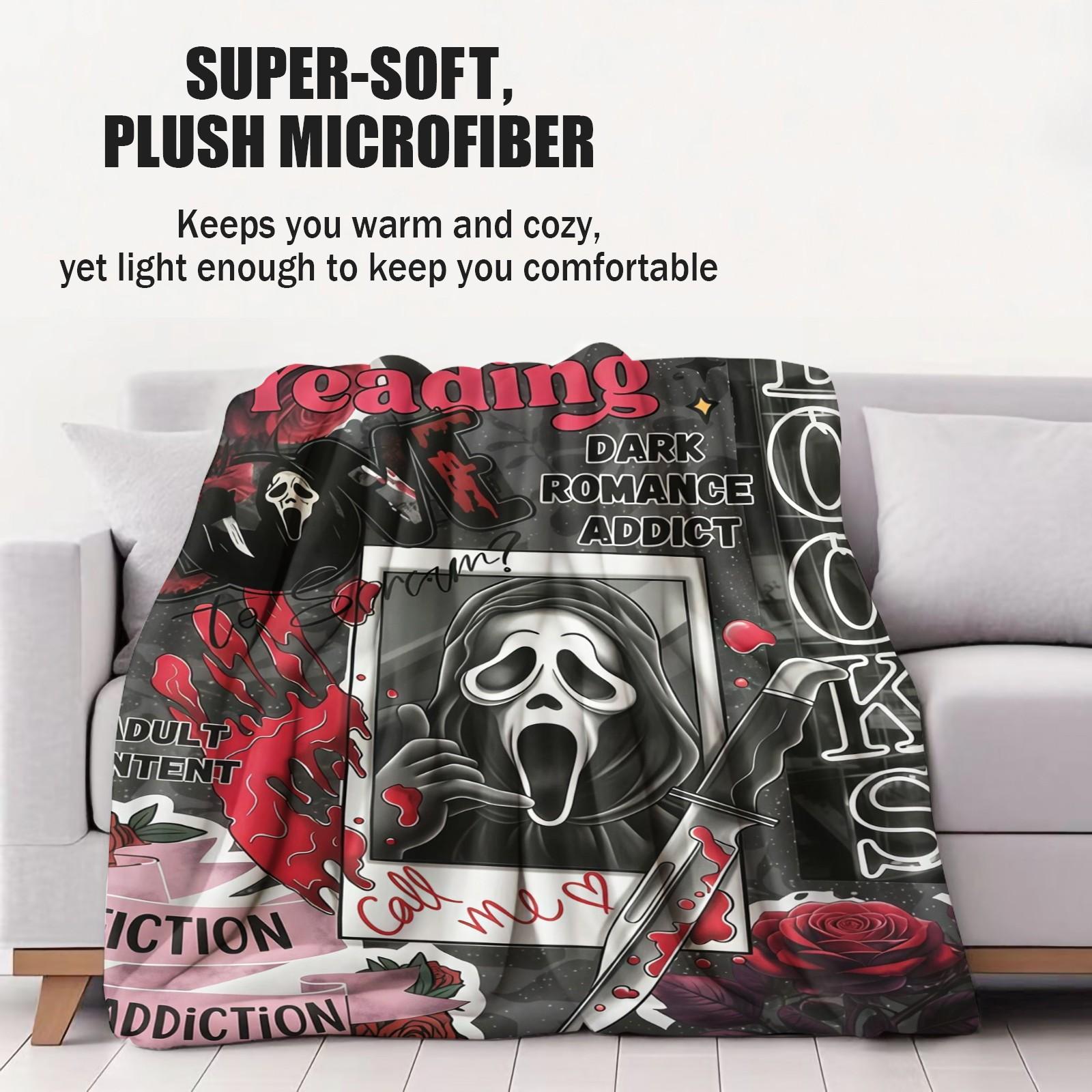 Scream Ghostface Dark Romance Addict Throw Blanket, Spooky Horror Movie Book Lover Blanket, Cozy Fleece Blanket for Halloween Bedroom Sofa Decor, Perfect Gift for Movie Fans & Bookworms