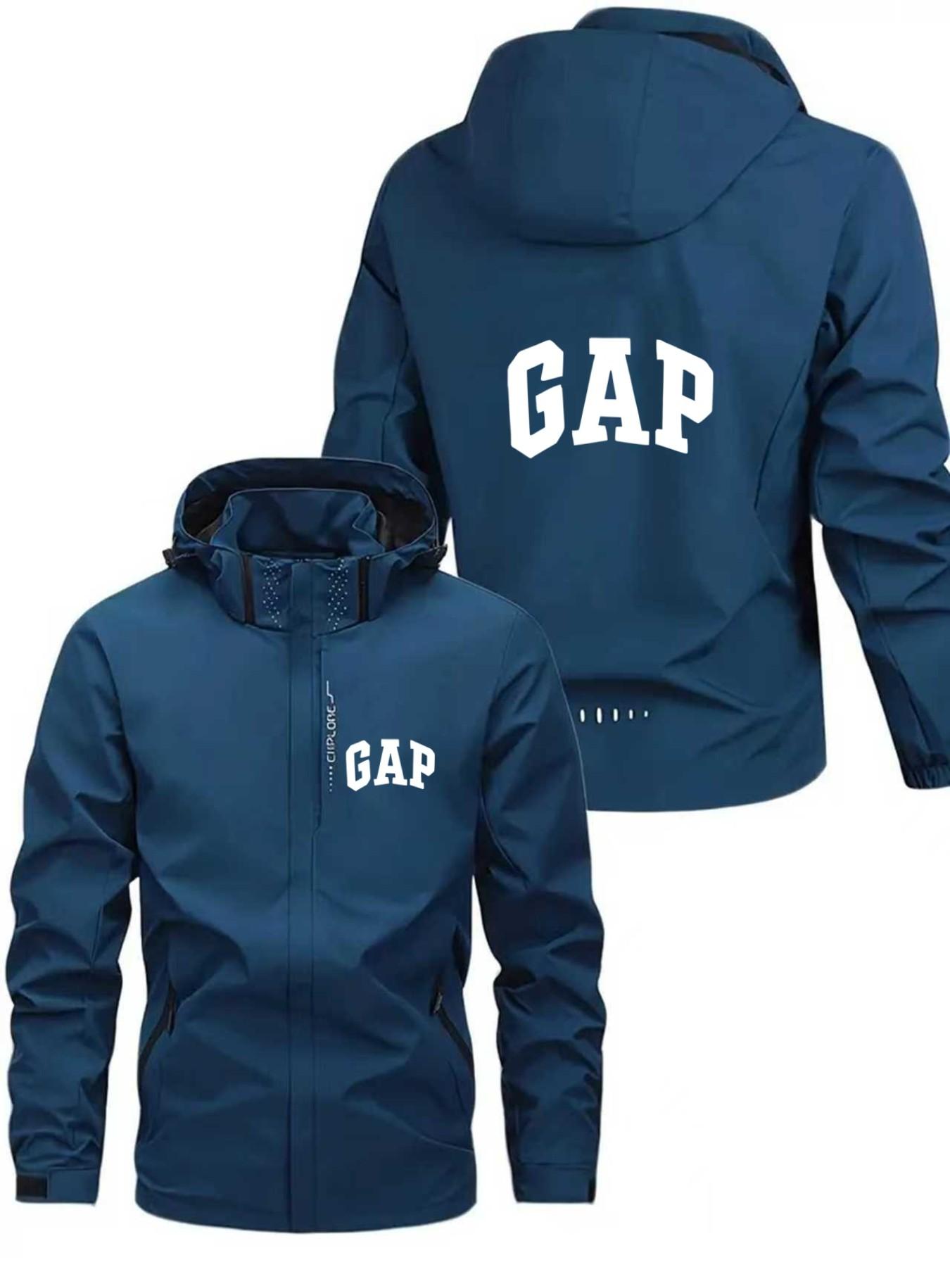 Men's Lightweight Polyester Fashion Hooded Jacket, Gap Print Design with Full and Half Zipper, Casual Outerwear for Spring & Fall