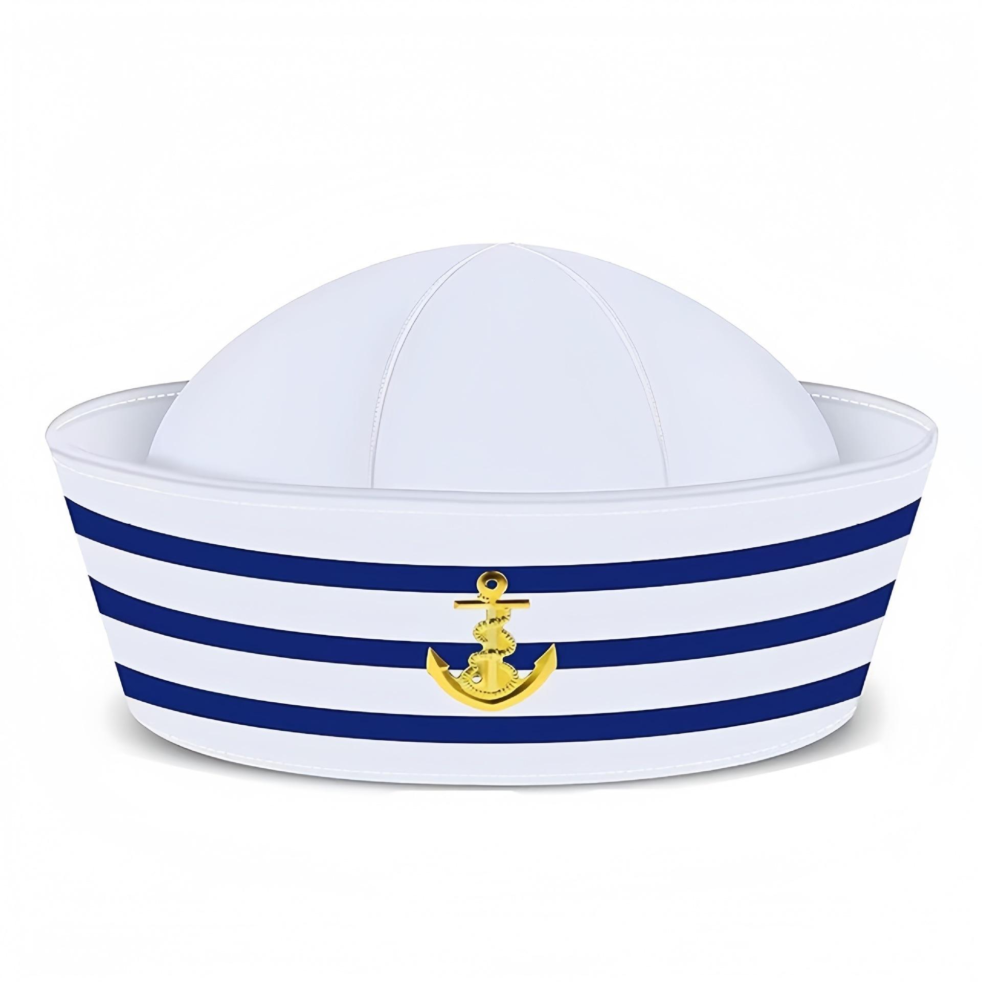 Blue Striped Sailor Hat with Gold Anchor, Nautical Theme Headwear, Adjustable Ocean Hat for Parties and Role Play, Classic Navy Style