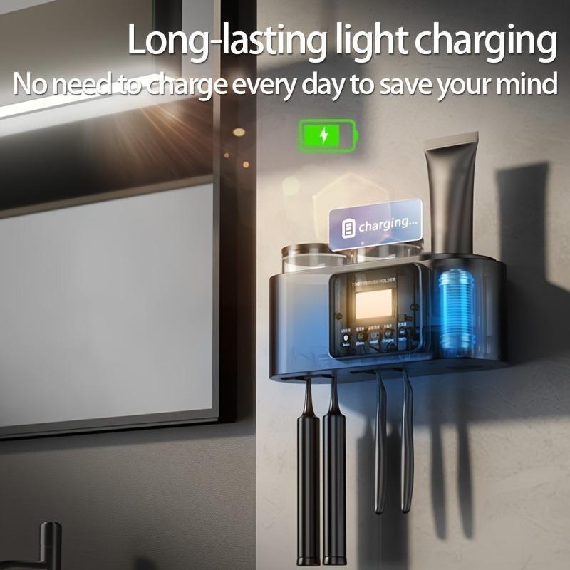 Wall Mounted Toothbrush Holder with 2 Tooth Cups and Smart Sterilizer, Bathroom Toothbrush Protection for Effective Cleaning and Drying, Toothbrushes White