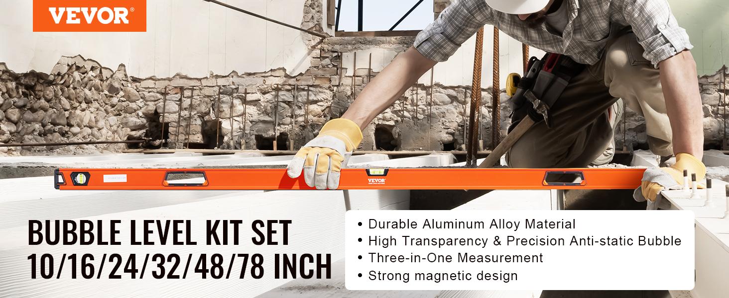 VEVOR Magnetic Torpedo Level, 78/48/32/24/16/10 in Mechanical Level Set, Bubble Vials Ruler for 45/90/180 Degree, Aluminum Alloy Leveler Tool w/ Viewing Window, Shock-Resistant for Plumbing, Wood