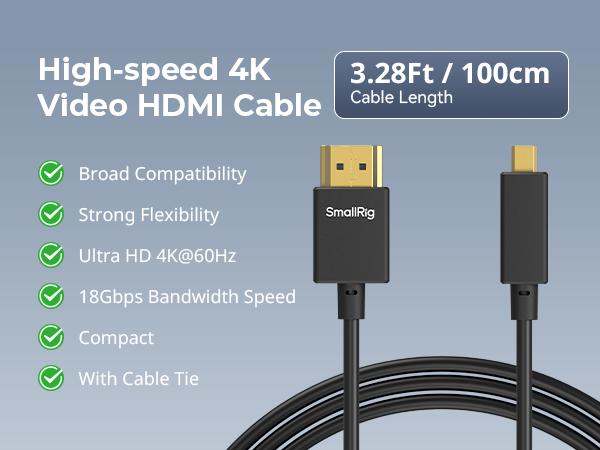 SMALLRIG D to A HDMI Cable Ultra Thin HDMI Cord 100cm / 3.28Ft (Micro to Full HDMI), Super Flexible Slim High Speed 4K 60Hz HDR HDMI 2.0, for Sony A7RIII / A7II / A7M3, for FUJIFILM X-T4 / X-T3-4795