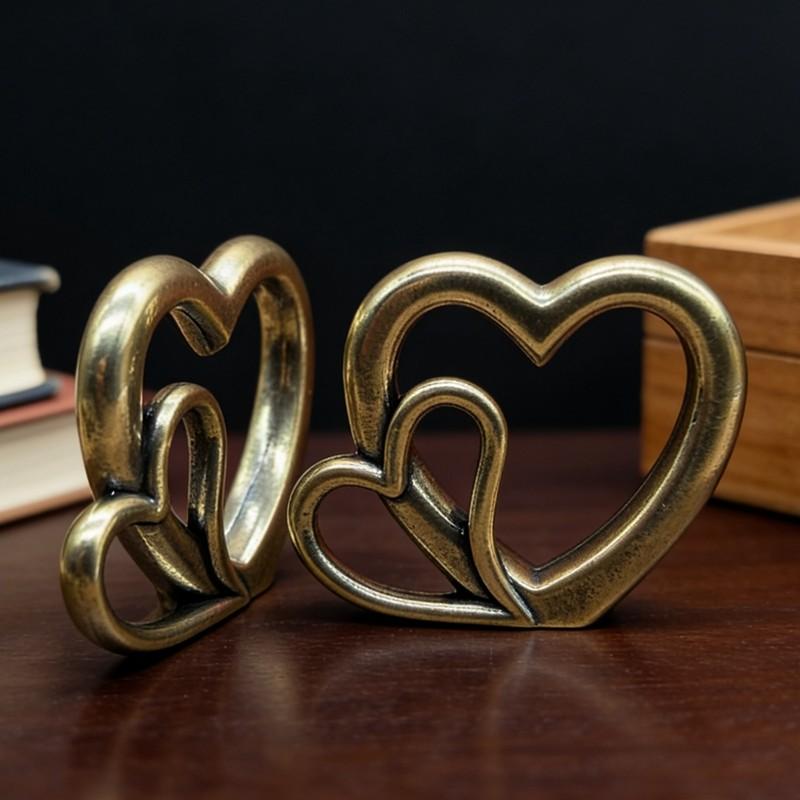 Vintage Brass Heart Fusion Ornament, European Aged Texture Heart Desktop Decor, Valentine's Day Wedding Anniversary Gift