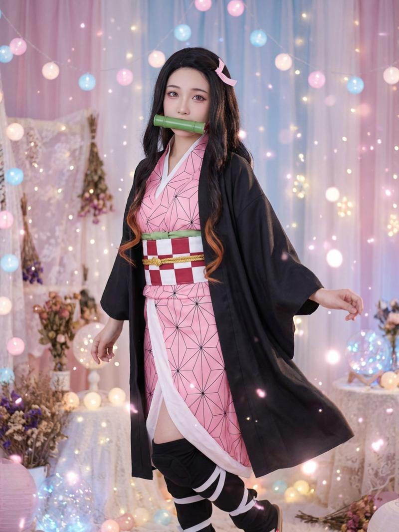 Demon Slayer Nezuko Cosplay Costume Set, Complete Anime with Kimono Bamboo Props, Halloween Cosplay for Women Demon Slayer Nezuko Cosplay Costume Set, Complete Anime with Kimono Bamboo Props, Halloween Cosplay for Women