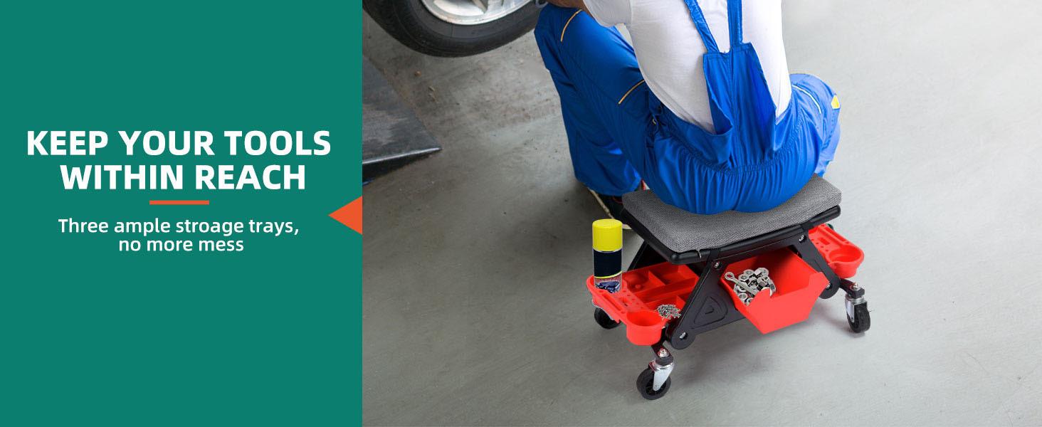 CCIYU Mechanics Stool, 300 LBS Capacity Rolling Mechanic Seat with 4" Wheels, with Three Slide Out Tool Trays and Drawer Home Repairing Kit CCIYU Mechanics Stool, 300 LBS Capacity Rolling Mechanic Seat with 4" Wheels, with Three Slide Out Tool Trays and Drawer Home Repairing Kit
