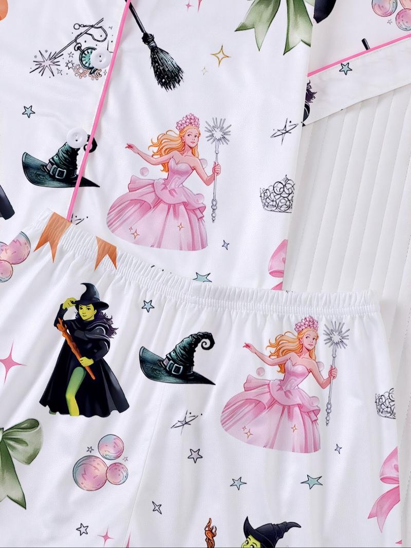 Cartoon Short Sleeve Shorts Pajama Set, New Fire Retardant Button Front Shirt & Loose Elastic Waist Ruffle Pants