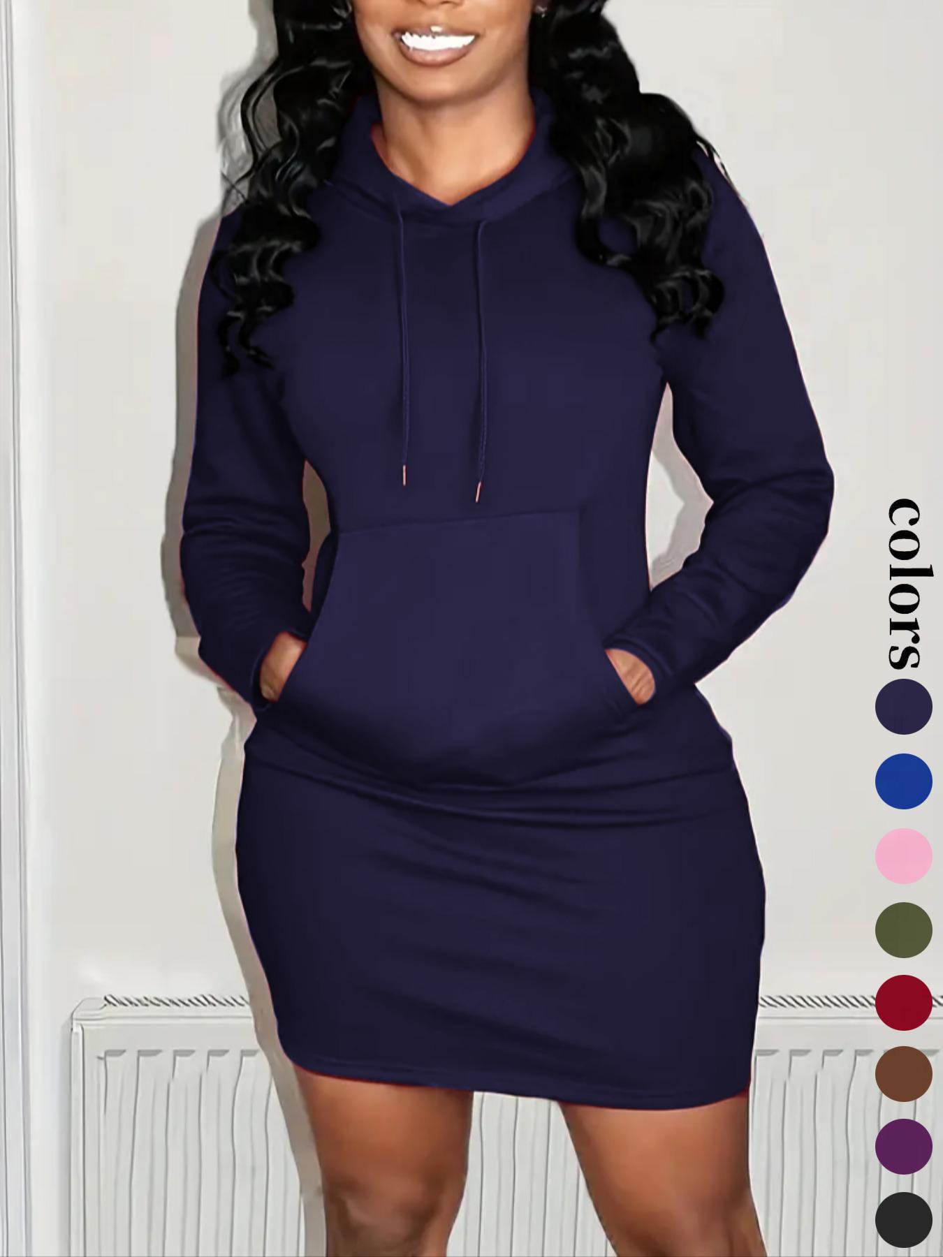 Women's Solid Drawstring Hooded Sweatshirt Dress, Casual Long Sleeve Pocket Dress for Fall & Winter, Ladies Clothes for Daily Wear, Womenswear, Fabric