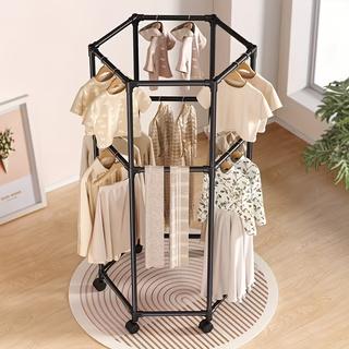 Mobile double-layer clothes hanger, bathroom storage rack, balcony clothes hanger, rotatable floor-standing clothes hanger, simple multi-layer clothes hanger and storage rack for living room, hexagonal multifunctional household balcony clothes hanger