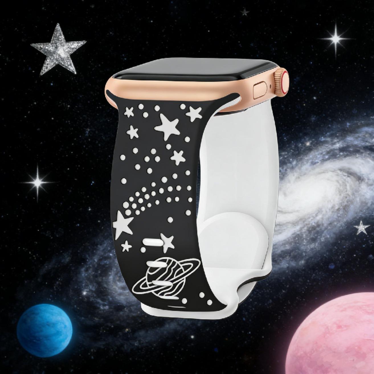 Two-Tone Laser-Engraved Silicone Watch Band with Butterfly Clasp, Romantic Starry Sky Pattern Replacement Strap Compatible with Apple Watch Series 1–11, SE & Ultra, Soft Adjustable Wristband for Everyday Wear (Band Only)