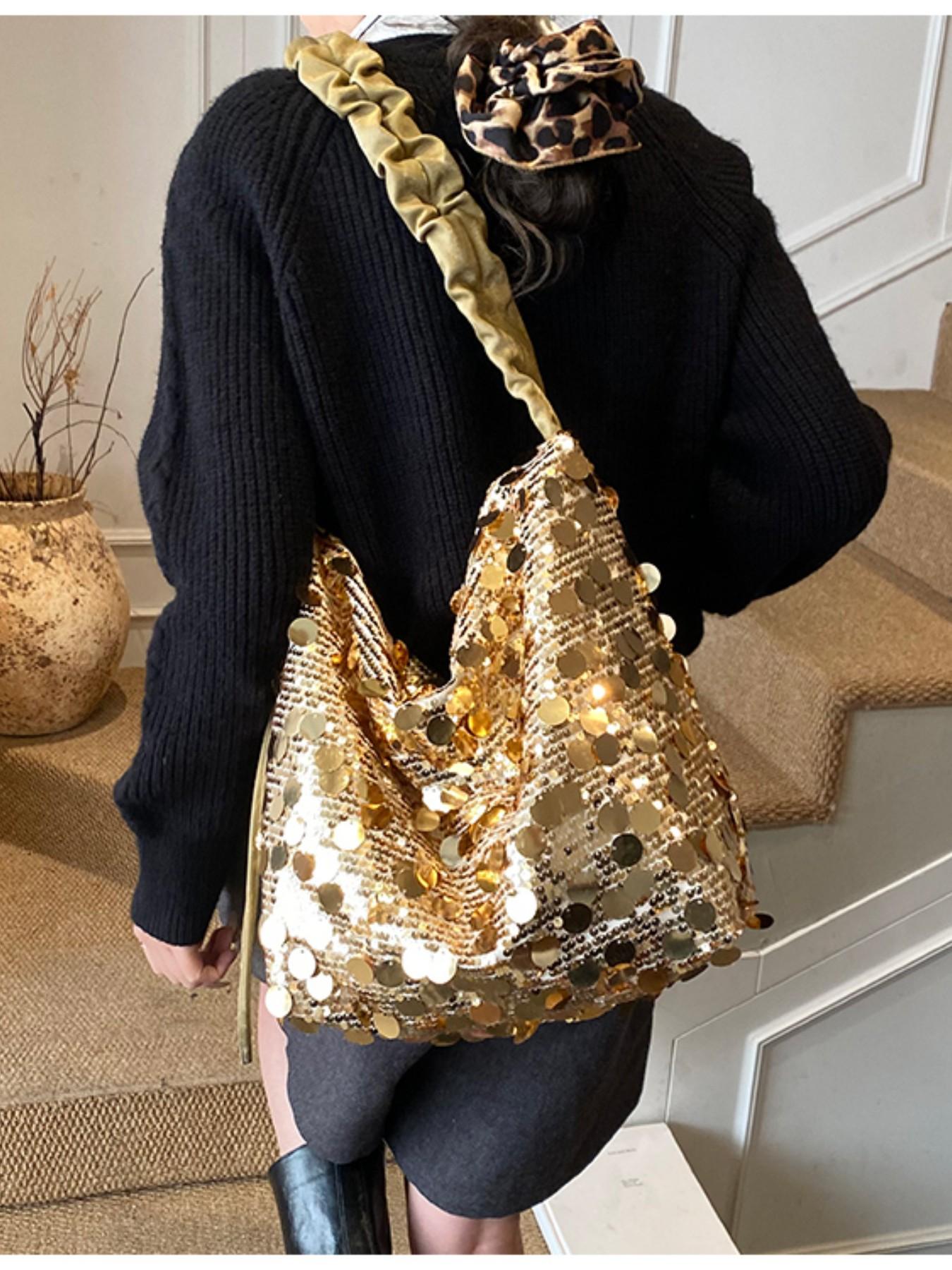 Luxury Sequined Handbag for Women, Silver Color, Large Capacity, Zip Closure, Party, Nightclub, Wedding, Concert