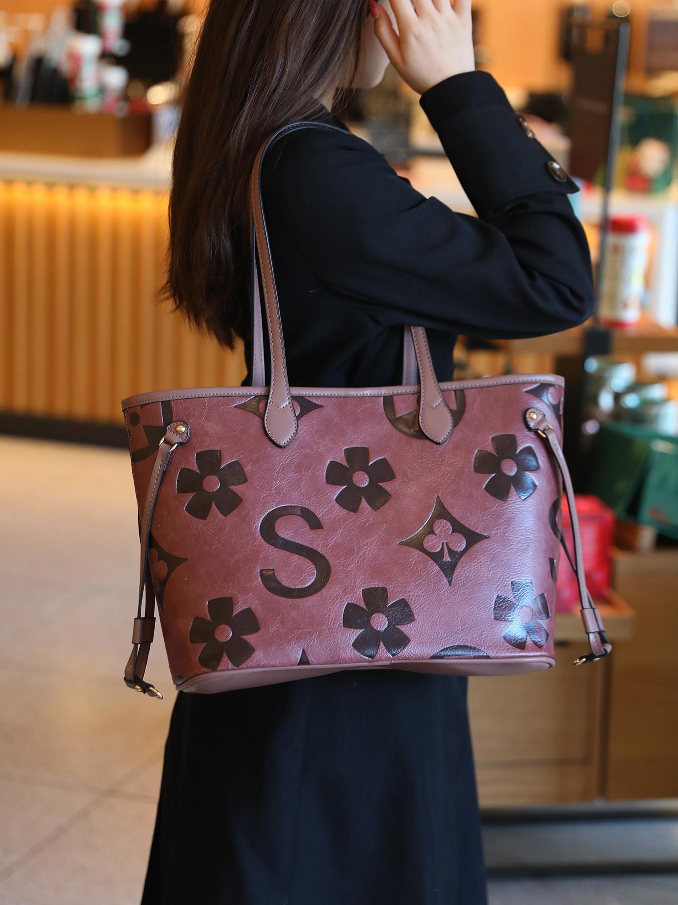 Women's Elegant Floral Embossed Tote Bag & Wristlet, Large Capacity Shoulder Bag, Fashionable Handbag Set for Daily Use