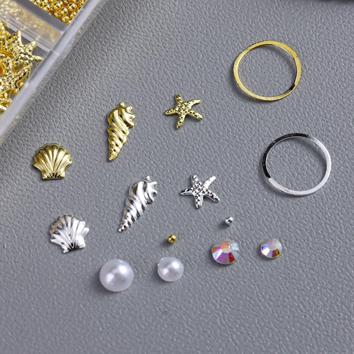 Summer Beach Style Nail Art Accessories, 3D Metal Rivets, Starfish, Shell, Seashell Shapes, Pearl, Caviar Beads, DIY Nail Decoration