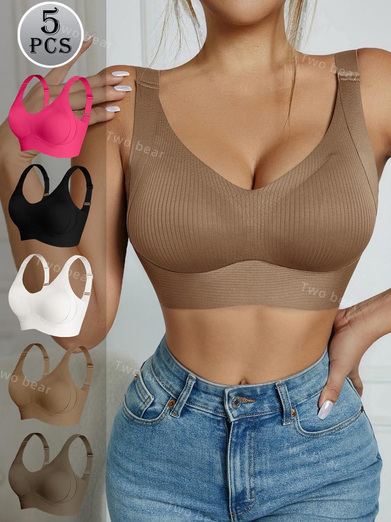[7/5/4/3Pcs]Women's Solid Four-breastedAdjustable Wireless Bra,Curvy SoftComfortable BreathableRibbed PushUp Seamless Bra,Women's Lingerie forAll Seasons,Womenswear