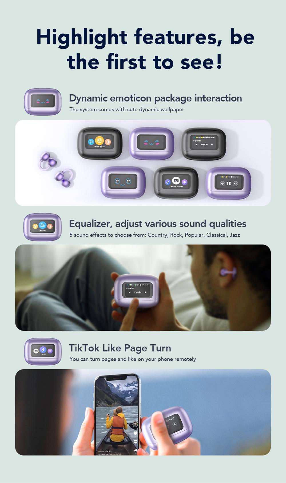 HTC NE54 Clip-On Ear Headphones Bluetooth 6.0 Full Color Touch Screen Wireless Audio Headphones IPX5 Waterproof Sports Headsets Noise Reduction Built-in Microphone for Music & Phone Calls