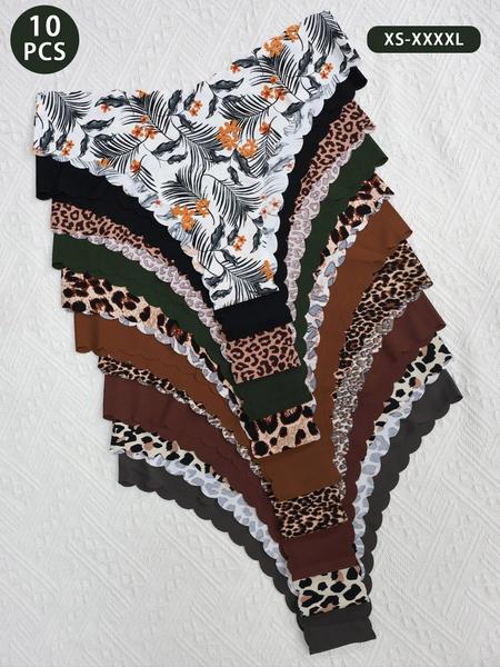 Women's Fitted Underwear Set, 10-Pack Seamless Panties,  Casual All-Seasons DesignAdhesive Seamless Design Suitable for Gym, Yoga and Bodycon Skirts, with Stylish Fan-Shaped Ruffled Trim Cutting