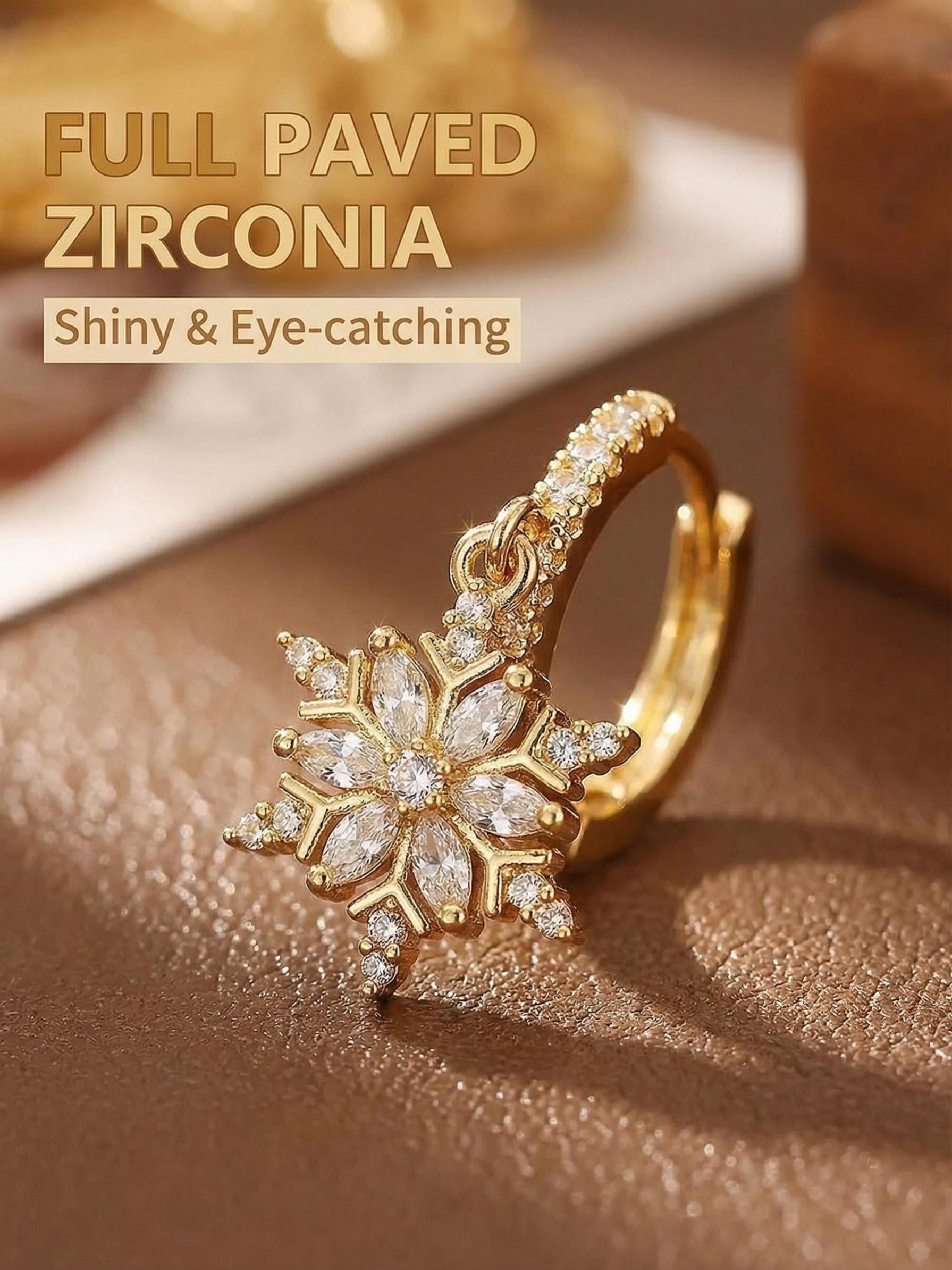 Elegant Rhinestone Snowflake Earrings, Luxurious Zircon Ear Studs, Plated, European and American Style Jewelry