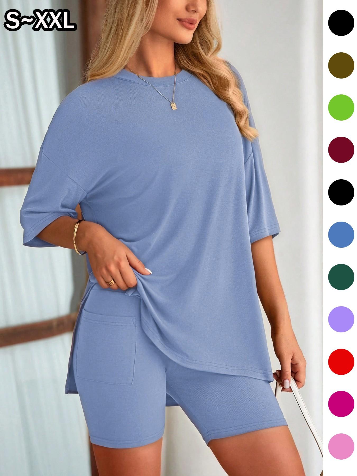 Women's Solid Color 2-Piece Set, Round Neck Loose T-Shirt and Pocket Tight Shorts, Comfort Summer Loungewear Pajamas, Suitable for Outdoor Wear