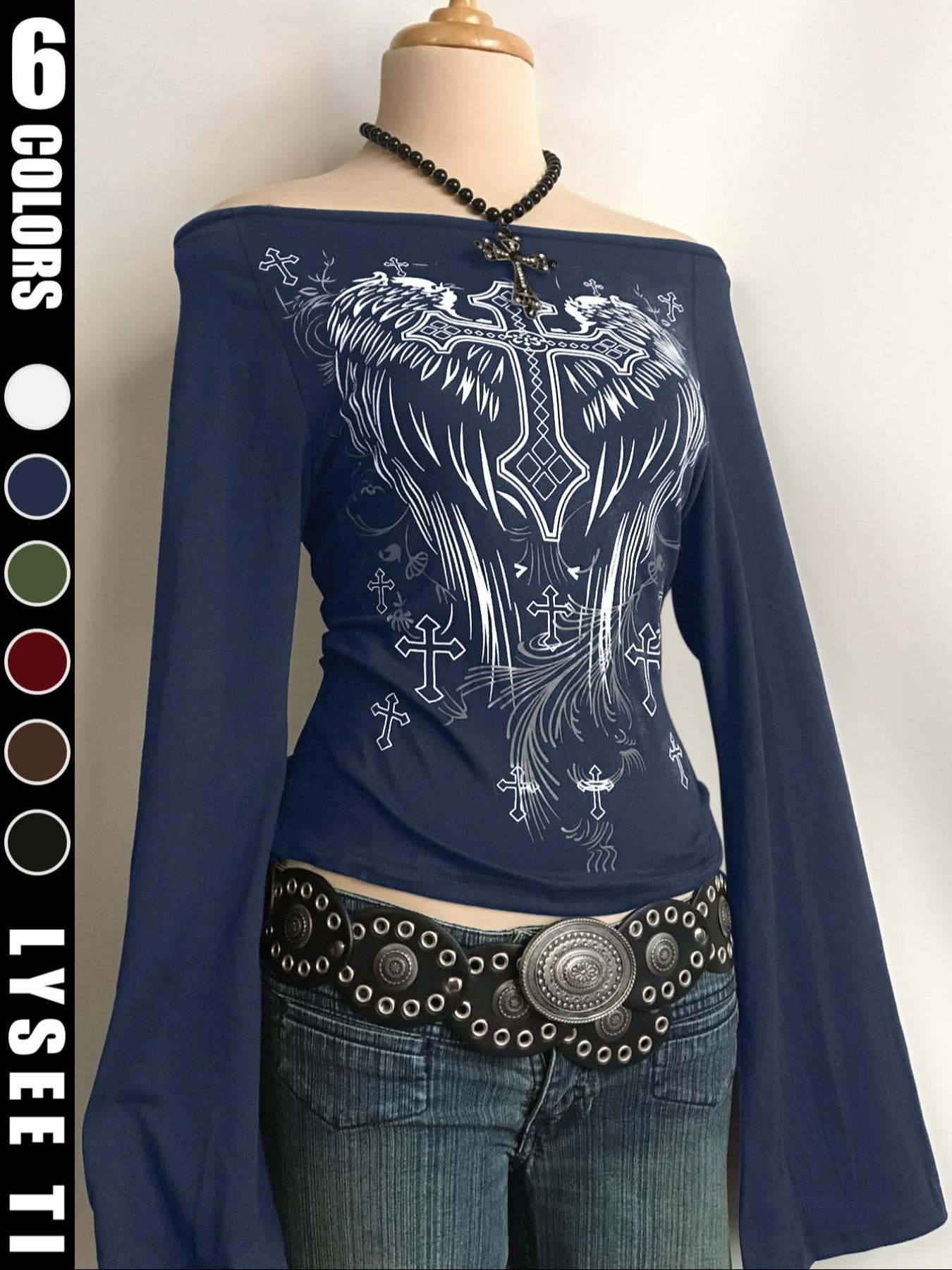 Fashion Casual Y2K Women's Cross Print One-Shoulder Flare Sleeve Top, Halloween Style, Fitted Design, Fall & Winter Wear, Aesthetic