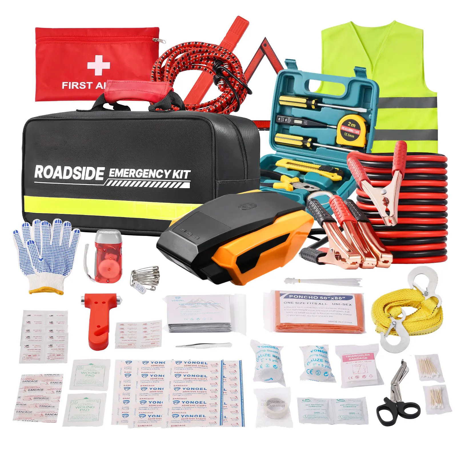 Car Emergency Kit, 2-in-1 First Aid Kit with Jumper Cables, Essential Roadside Emergency Car Kits for Vehicle, Travel and Home, 32-Piece Auto Road Side Assistance Tools with Medical Aid Kits