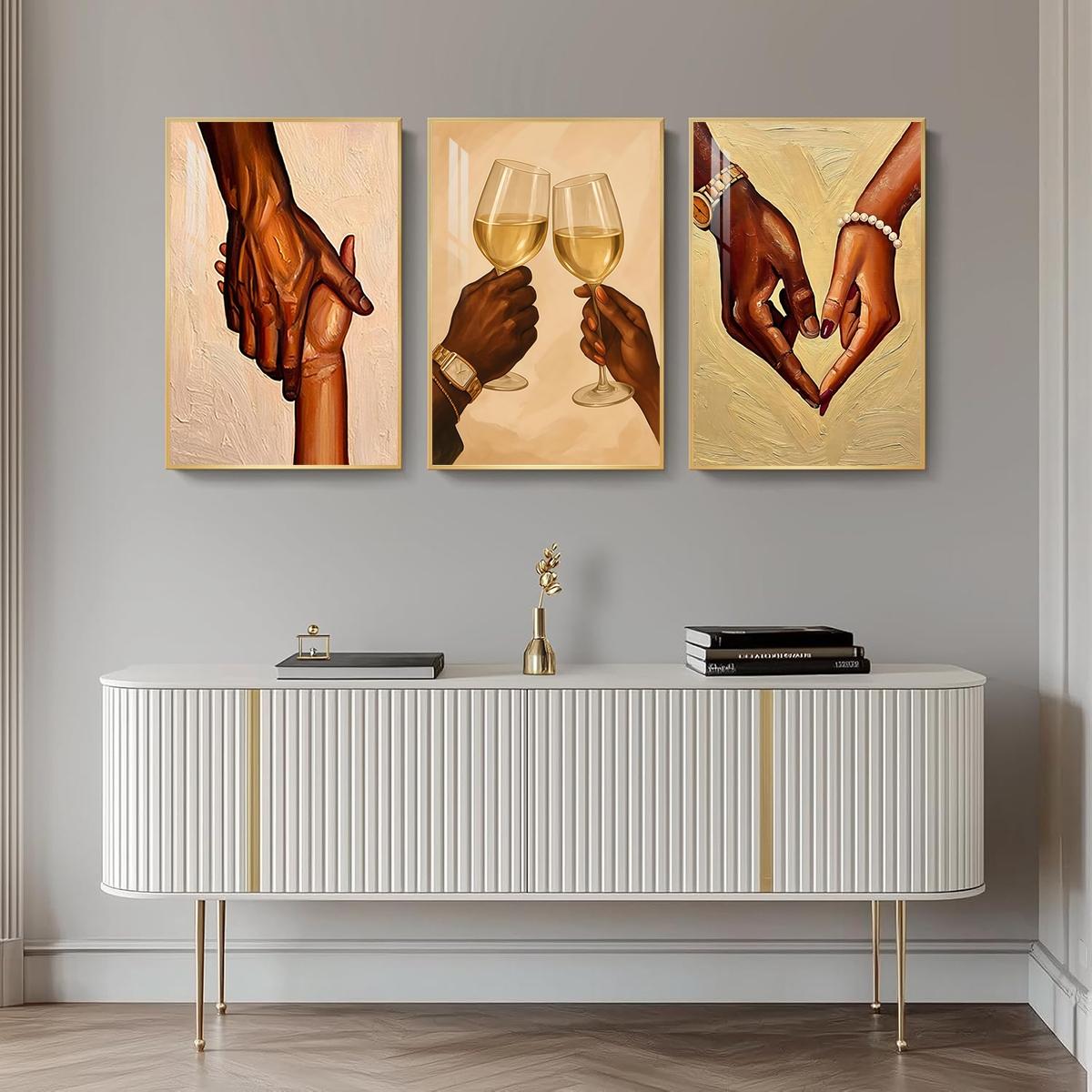 3 Counts Aluminum Alloy Framed Painting, Romantic Couple Hands And Wine Glass Canvas Art, Home Decoration For Living Room, Bedroom, Office, Restaurant, Hallway Wall Decor, Odorless Print Artwork, Luxury Perfect Gift For Friends And Family