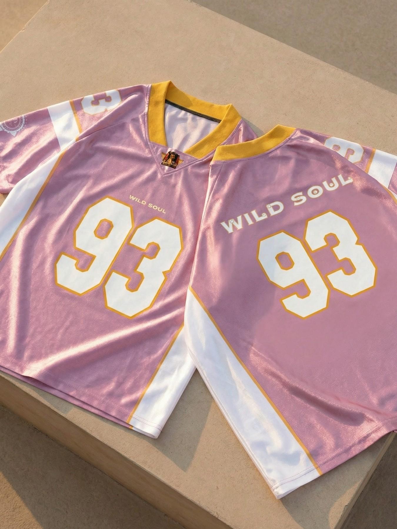 "Men's Pink Wild Soul 93 Graphic Oversized Football Jersey, V Neck Short Sleeve Mesh Streetwear Top for Daily Wear, Gym Workout and Casual Street Style"