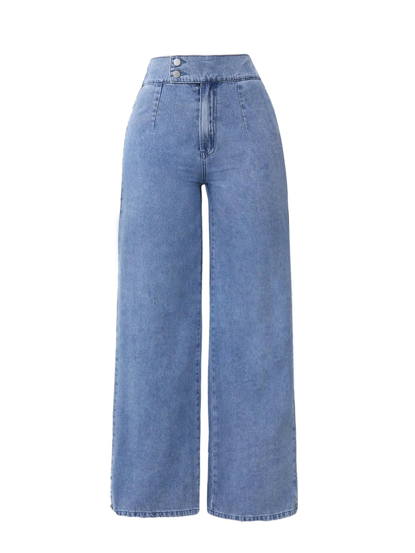 Women's Vintage Elegant High Waist Wide Leg Light Wash Denim Jeans Trouser, Button Front Elastic Waist Loose Fit, Casual Fashion Pants for All Seasons, Womenswear