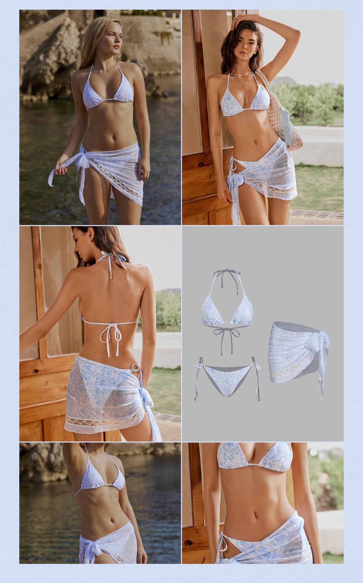 Cider V-neck Bowknot & Flower Knotted Halter Tie Side Bikini Set With Lace Sarong SwimWeek