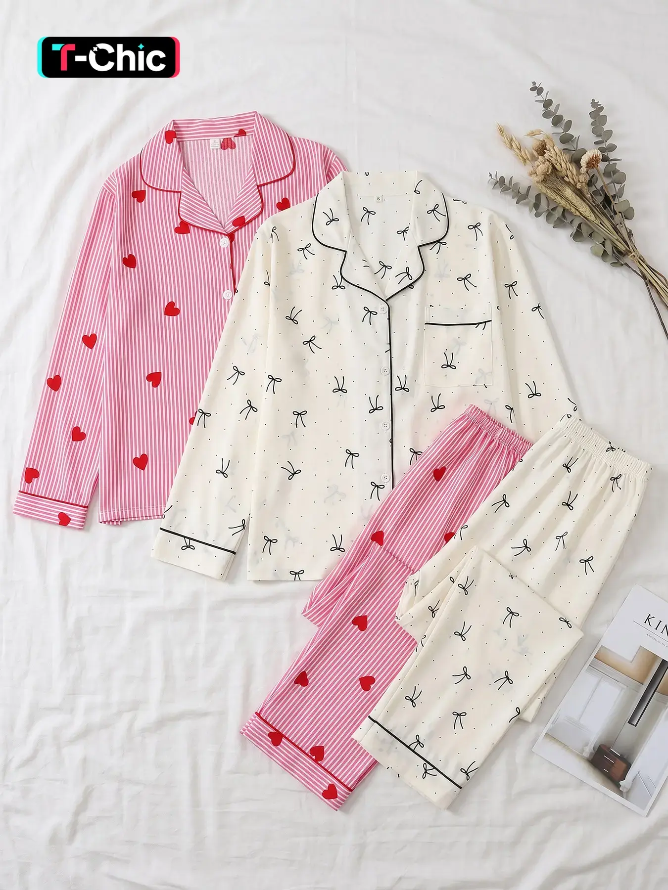 Women 2 Sets Open Front Long Sleeve Top & Long Pants Pajama Set, Wearable All Seasons. Sweet heart stripe and bow dot print, lapel open design, two different patterns for alternate wear, ideal for home rest, simple clean color scheme.
