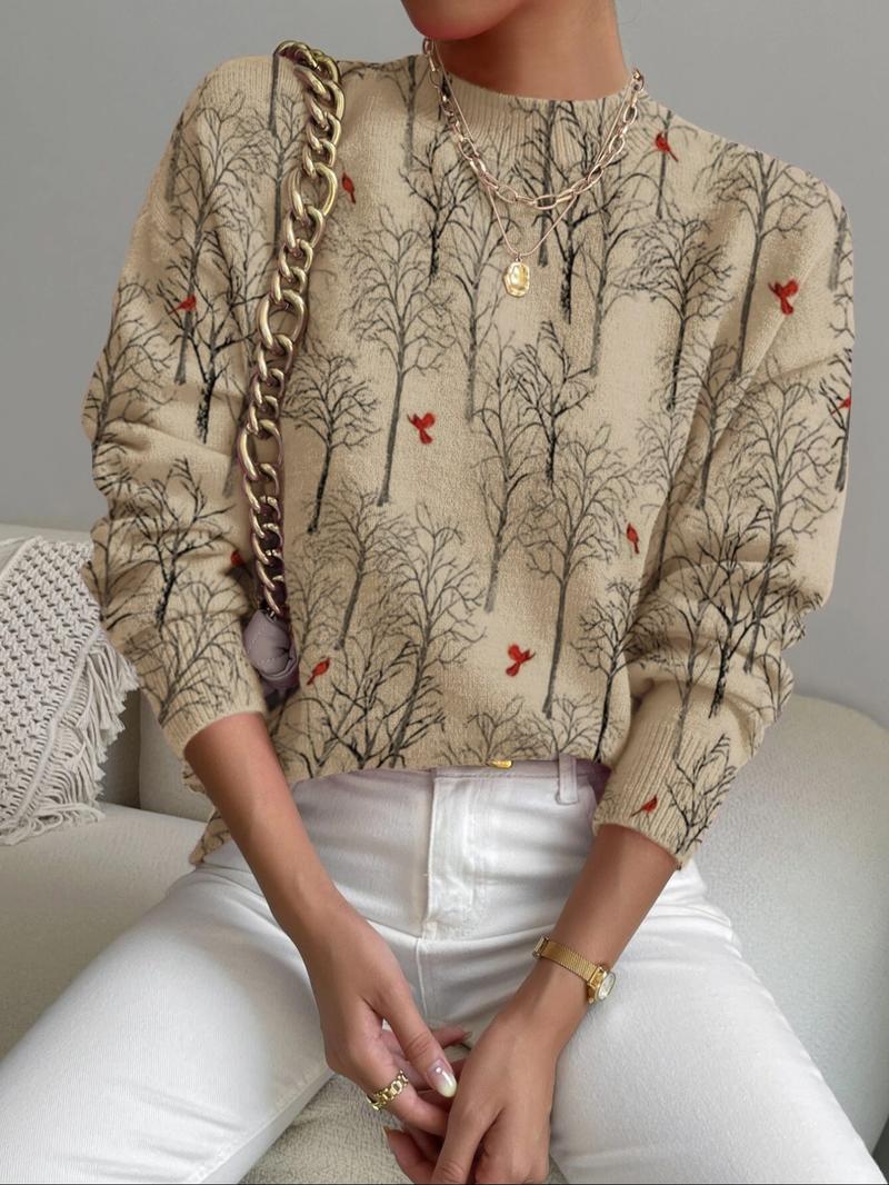Women's Tree Landscape Print Stand Collar Sweater, Fall Winter Casual Long Sleeve Knitwear, Comfortable Warm Daily Wear