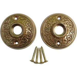 Brass Victorian Door Knob Rossettes Pair 2" W Backplate Traditional Cabinet Knob Back Plate Hardware RSF Coated Protective Furniture Holes with Screws