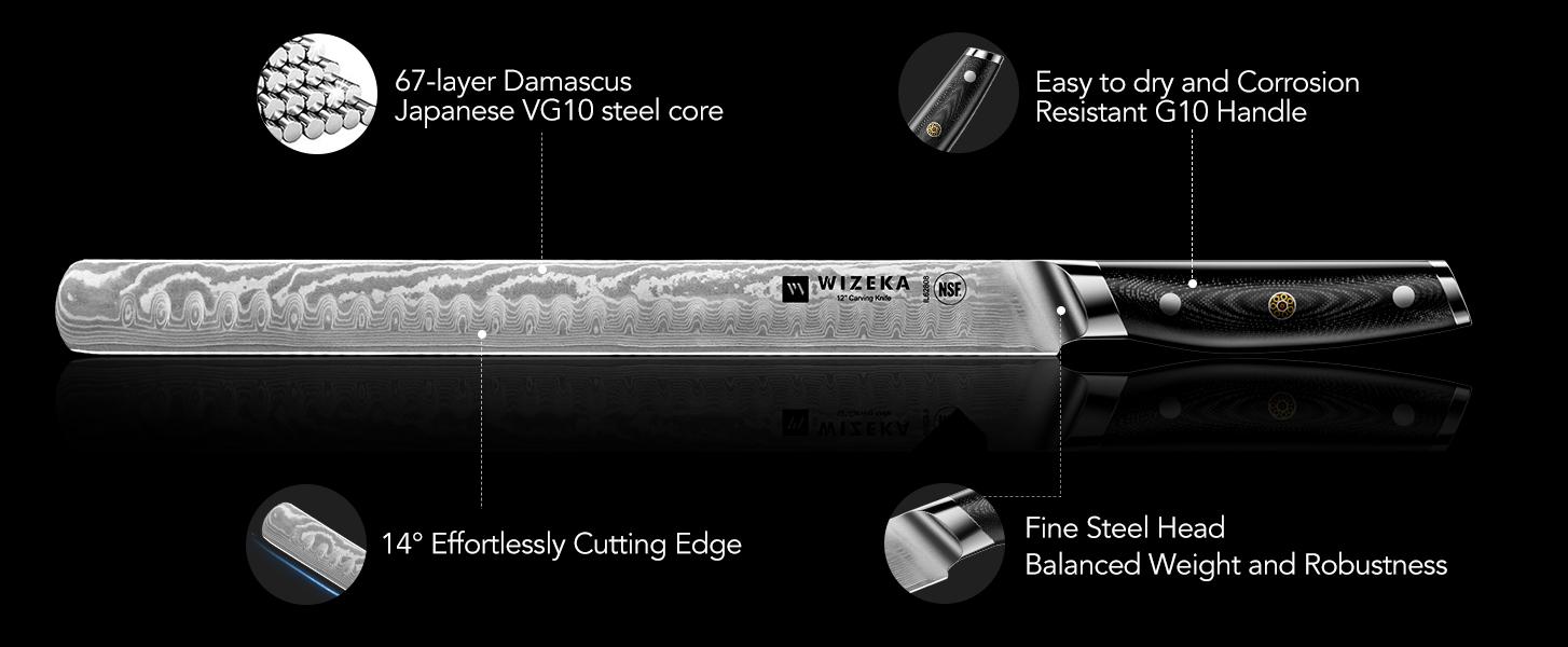 WIZEKA Brisket Knife，Ultra Sharp 12 Inch Damascus Slicing knife，Full Tang Carving Knife for Meat Cutting with G10 Handle，BBQ Knife，Great for Slicing Roasts, Meats, Fruits