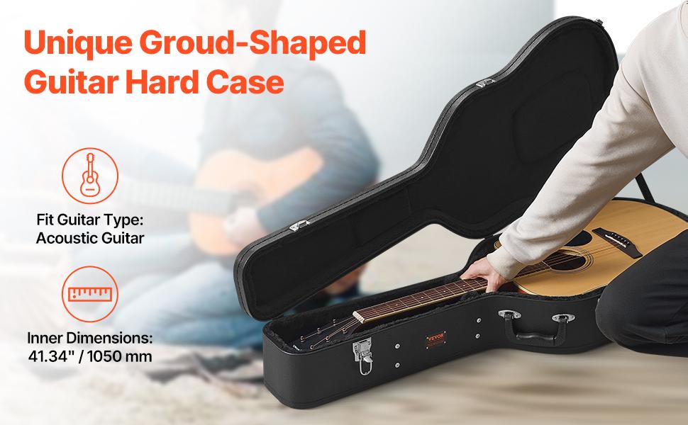 VEVOR Acoustic Guitar Hard Case, 43.31 in Gourd-Shaped Guitar Hard Case, With Lock Latch Key Handle, PVC Padding Soft Lining Water-Resistant Hard Shell Guitar Case, for 39-41 in Acoustic Guitar, Black