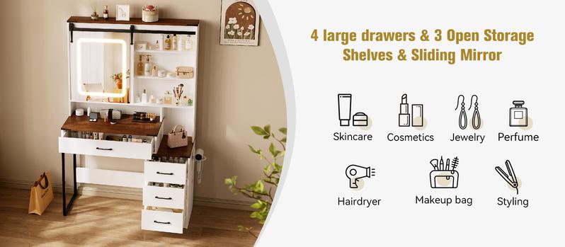 【Valentine's Day gift】Makeup Vanity Desk with Mirror & Lights | 4 Drawers & 3 Storage Shelves | Adjustable Tri-Color LED Light, Charging Station & Hair Dryer Stand Modern Furniture