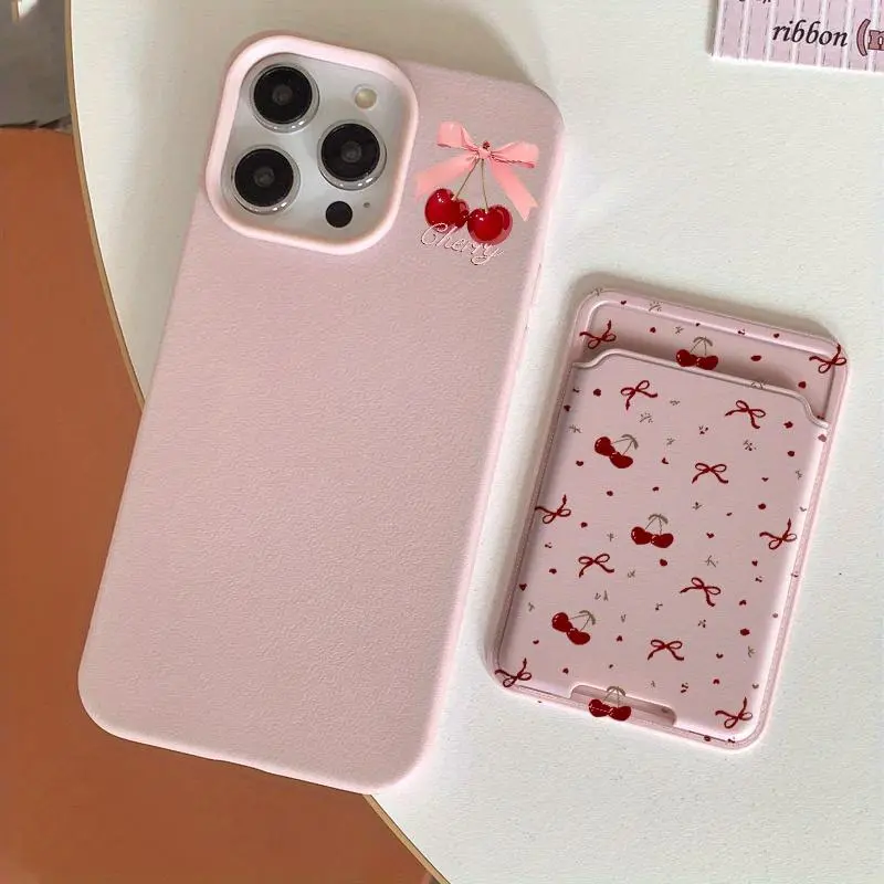 Phone Case - 2pcs/Set: Pink Lychee Pattern Cherry And Cherry Element Card Holder Phone Case, Self-Adhesive Card Slot Suitable for Iphone 11/11Promax/11Pro/12/12Pro/12Promax/13/13Pro/13Promax/14/14Pro/14Promax/15/15Promax/15Pro/16/16Pro/16Promax Case