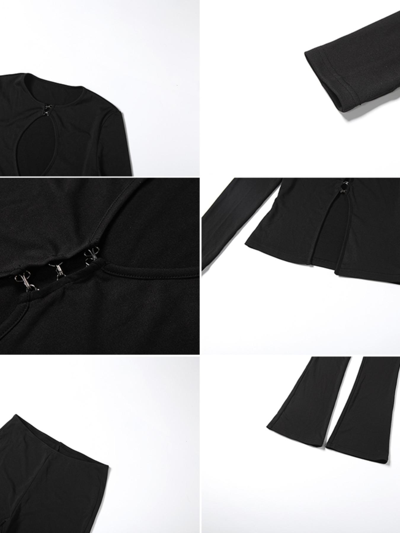 Two-piece Set Women's Fashion Hollow Out Hook & Loop Zipper Top, Sexy High Waist Long Pants Set, Fall & Winter Plain Long Sleeve Outfit