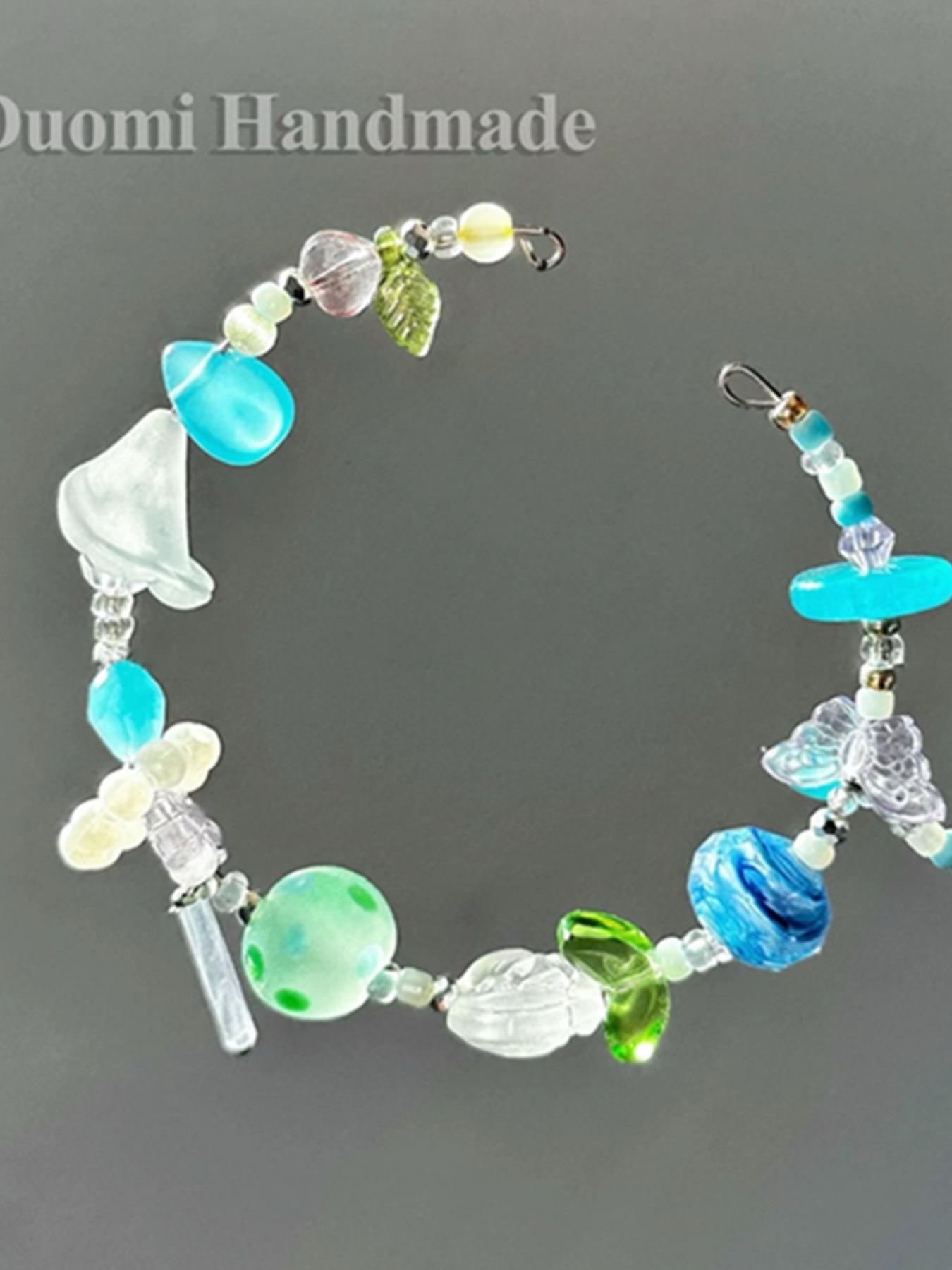 5pcs Blue Oil Painting Style Cut Glass Beads for DIY Jewelry Making, Ditsy Floral Pattern, Contemporary Design for Bracelets & Necklaces