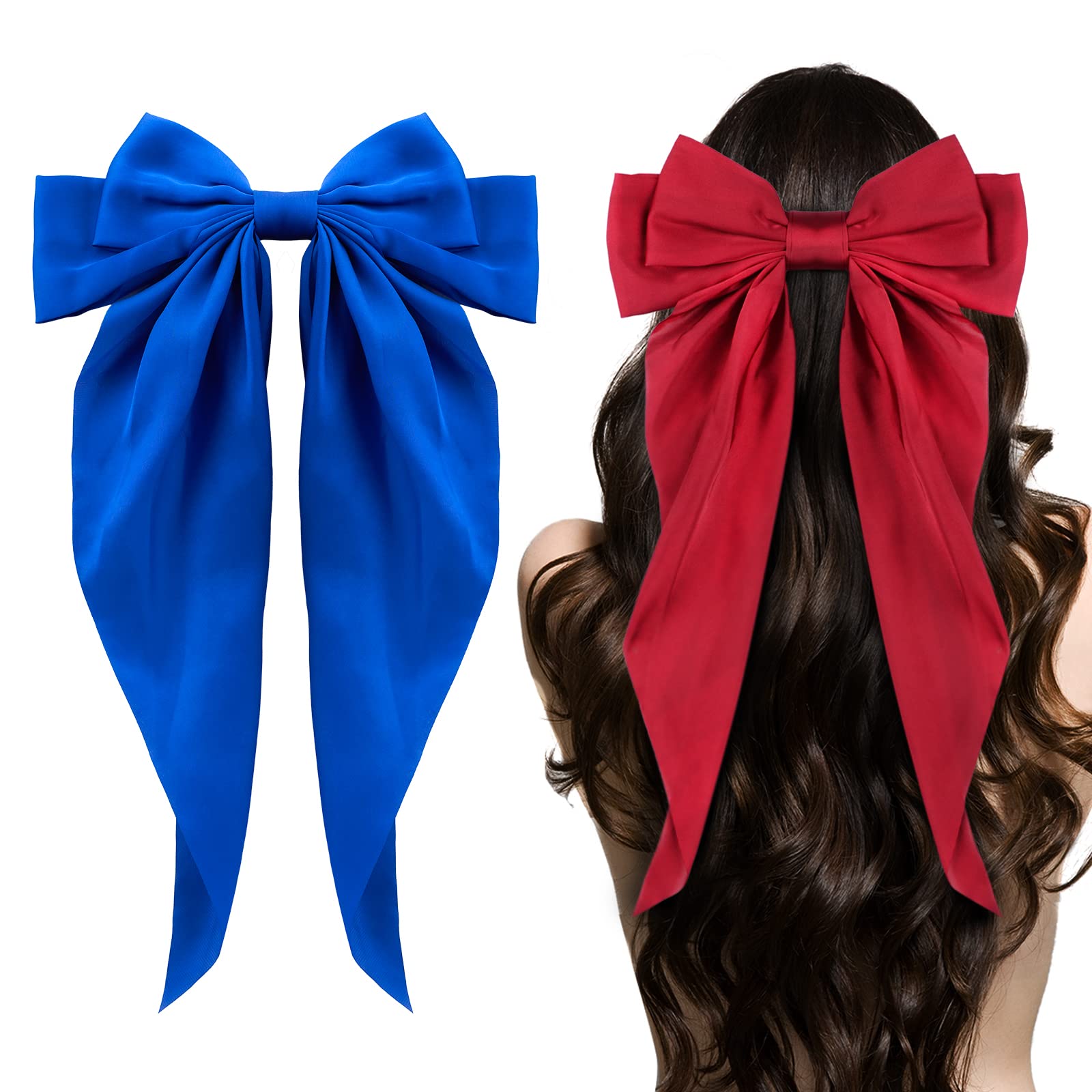 Big Bow Hair Accessories 2pcs - Long Tail French Satin Silky Barrettes for Women and Girls, Black, Burgundy, Red Bows for Birthday, Party, Show, hair clips Fashion