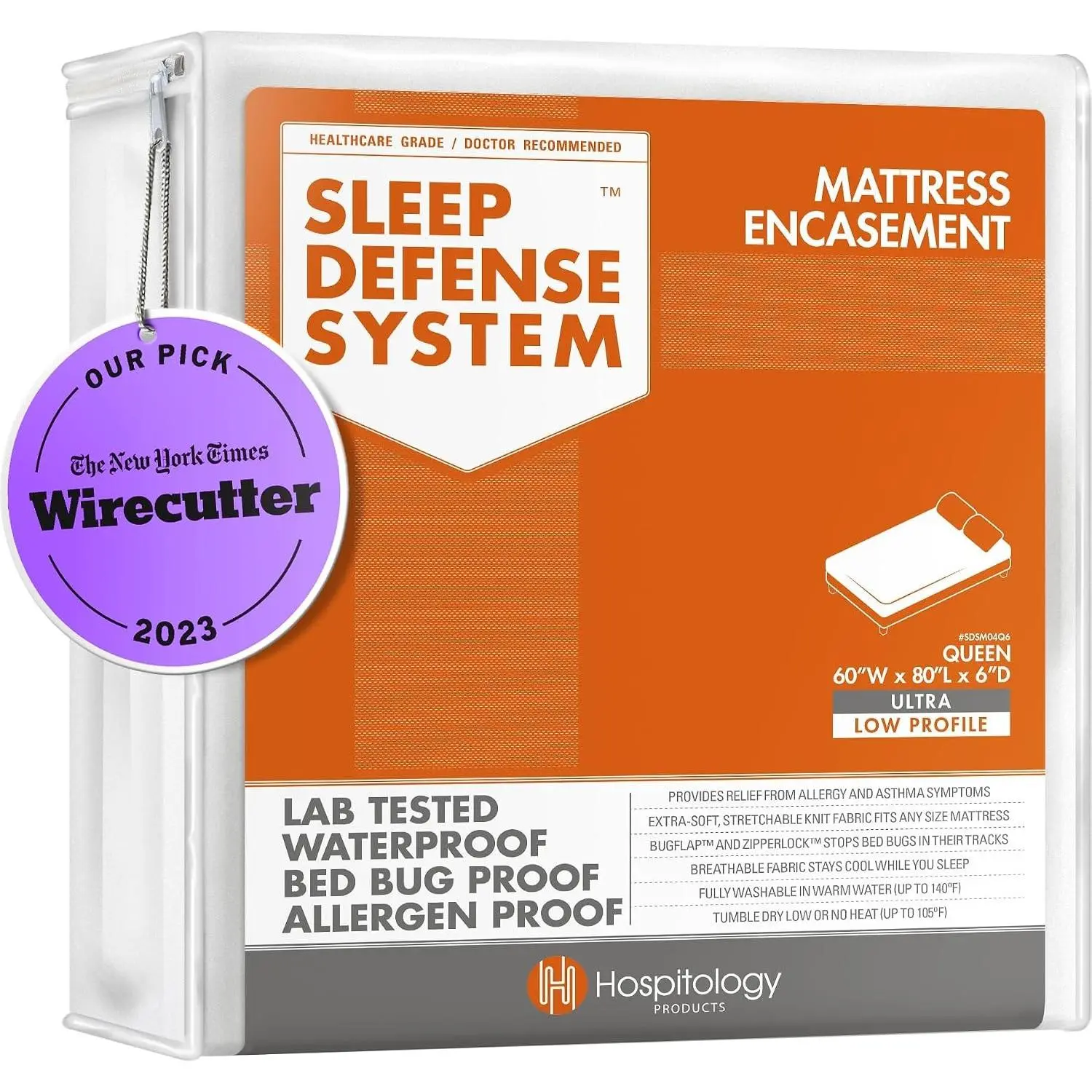 Mattress Encasement - Zippered Bed Bug Dust Mite Proof Hypoallergenic - Sleep Defense System - Queen - Waterproof - Stretchable - Ultra Low Profile 6" Depth - 60" W x 80" L