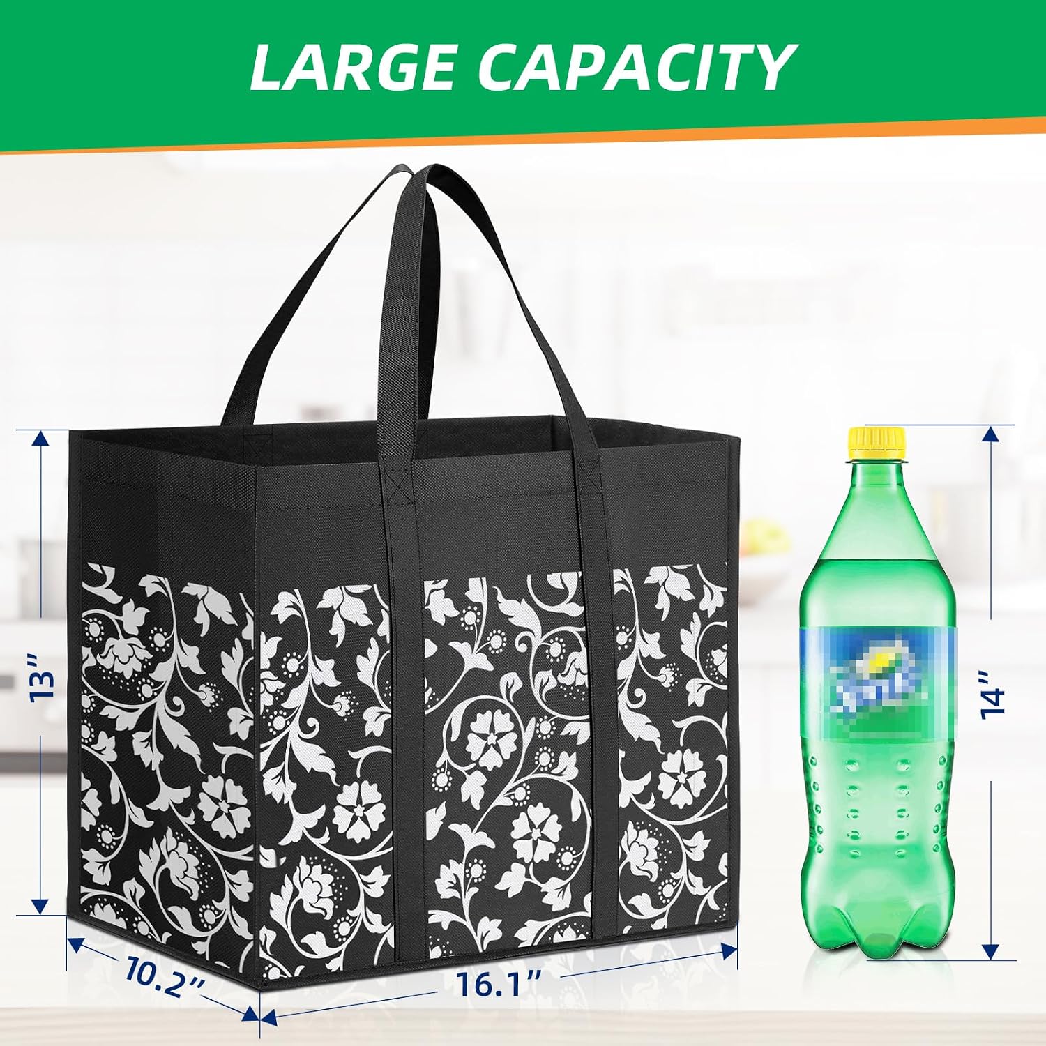 Grocery Bags Foldable Tote Bags bulk Shopping Bags 4-Pack, Black | Reinforced Handles Shopping Bags for Groceries Heavy Duty Kitchen  Grocery Bags with  Coating