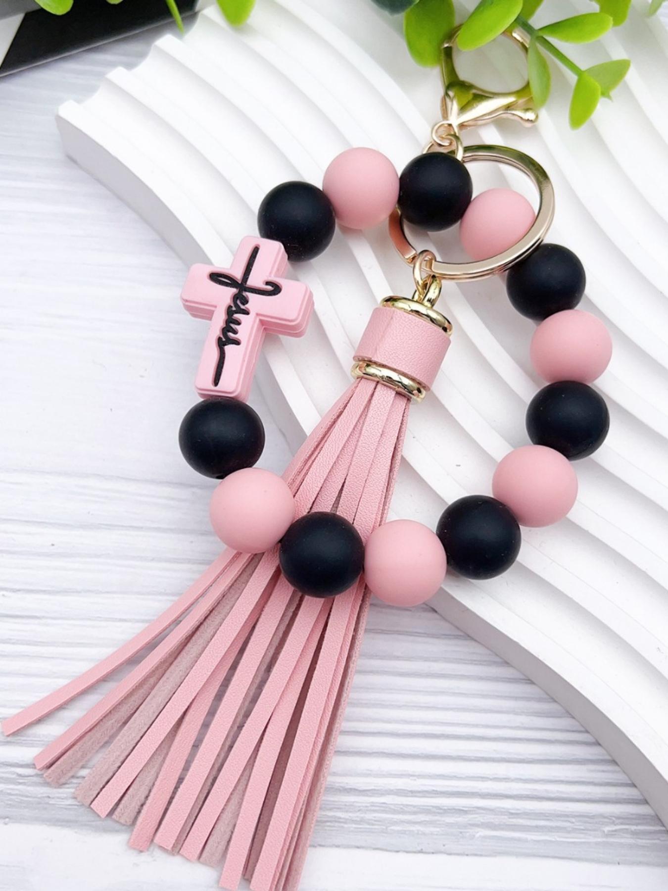 Silicone cross bead bracelet keychain creative wrist bracelet key ring accessory for women's bags