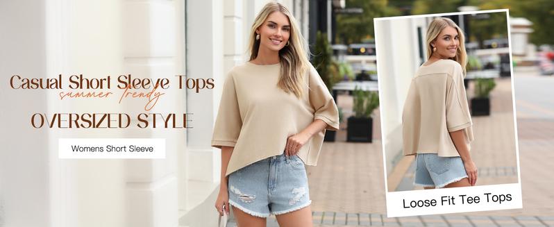 Danedvi Womens Oversized T-Shirts Cropped Summer Casual Short Sleeve Loose Fit Tee Tops Clothes Fabric